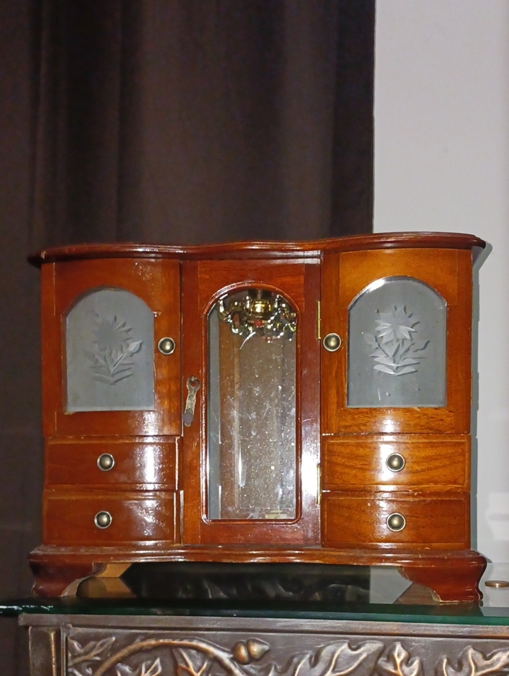 Secret Treasures Brown and Gold Wood Jewelry Cabinet with Mirrored Door